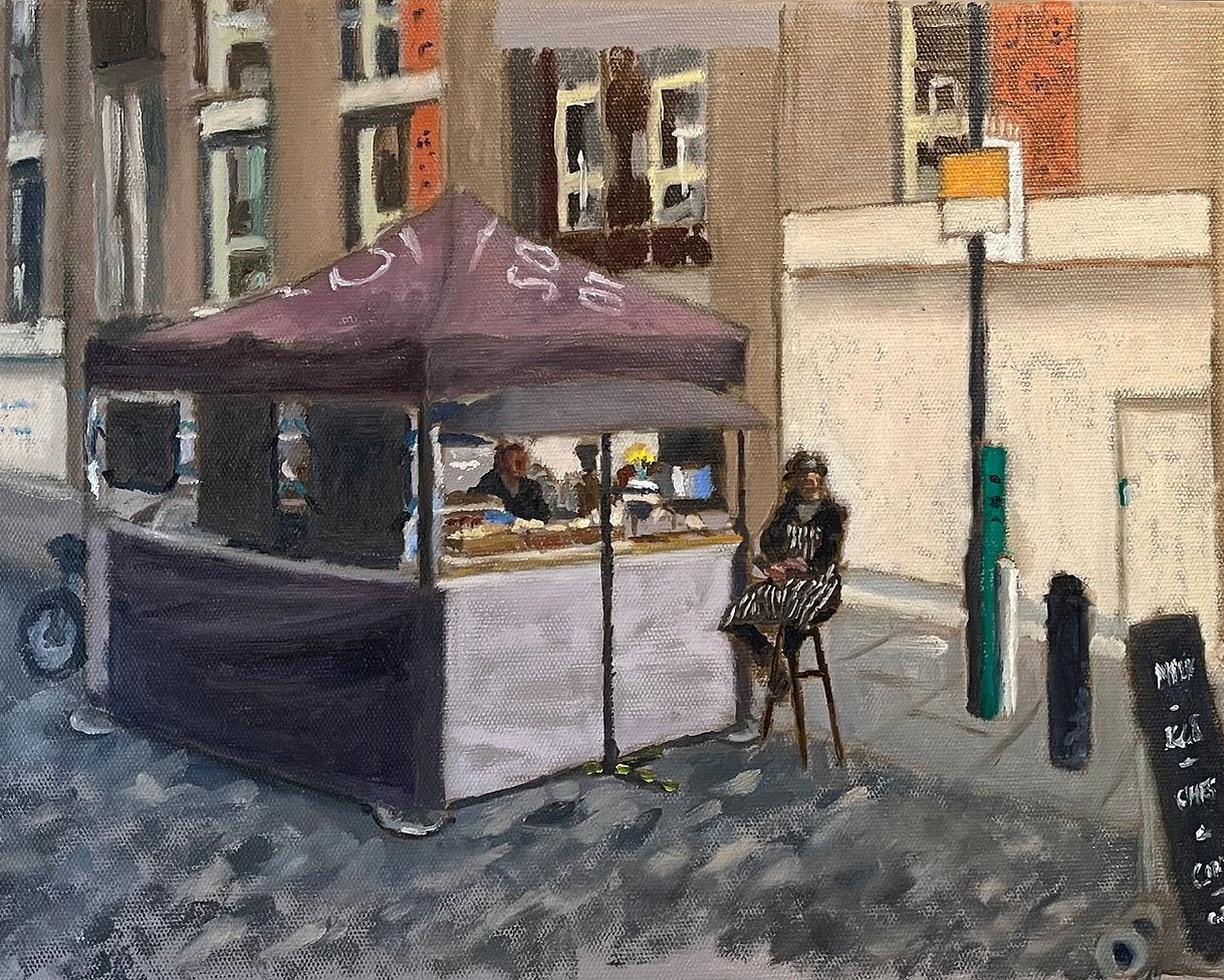 Painting of the Soho Dairy stall on Berwick Street Market by artist Dave Crocker.