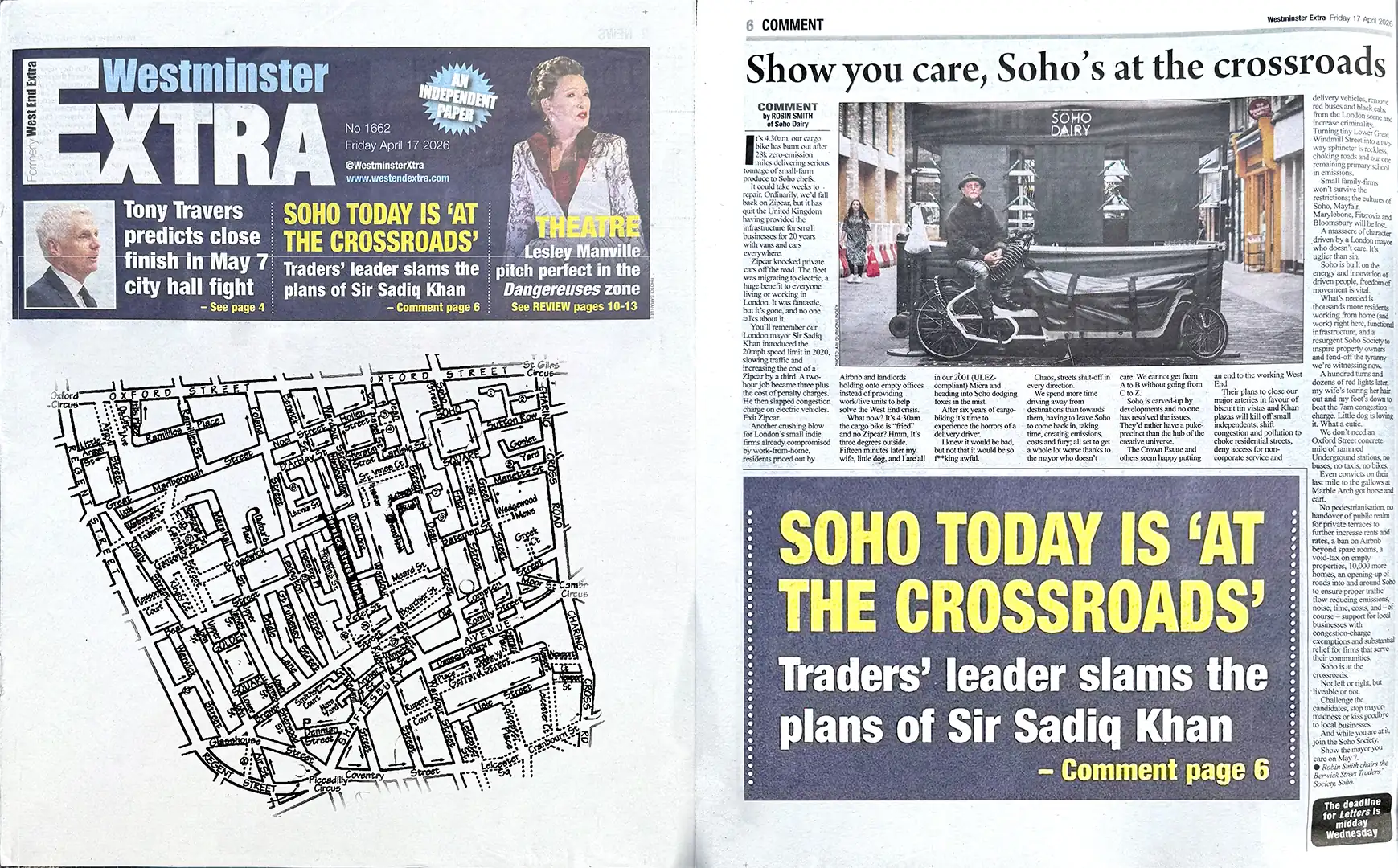 An image showing a collage of the published Westminster Extra newspaper article by Soho Dairy founder Robin