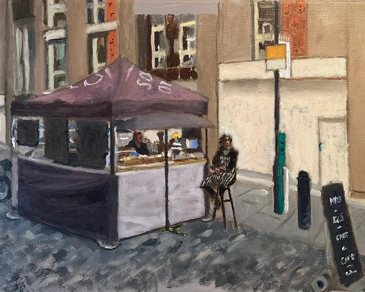An image of a painting of the Soho Dairy stall on Berwick Street Market in Soho by artist Dave Crocker